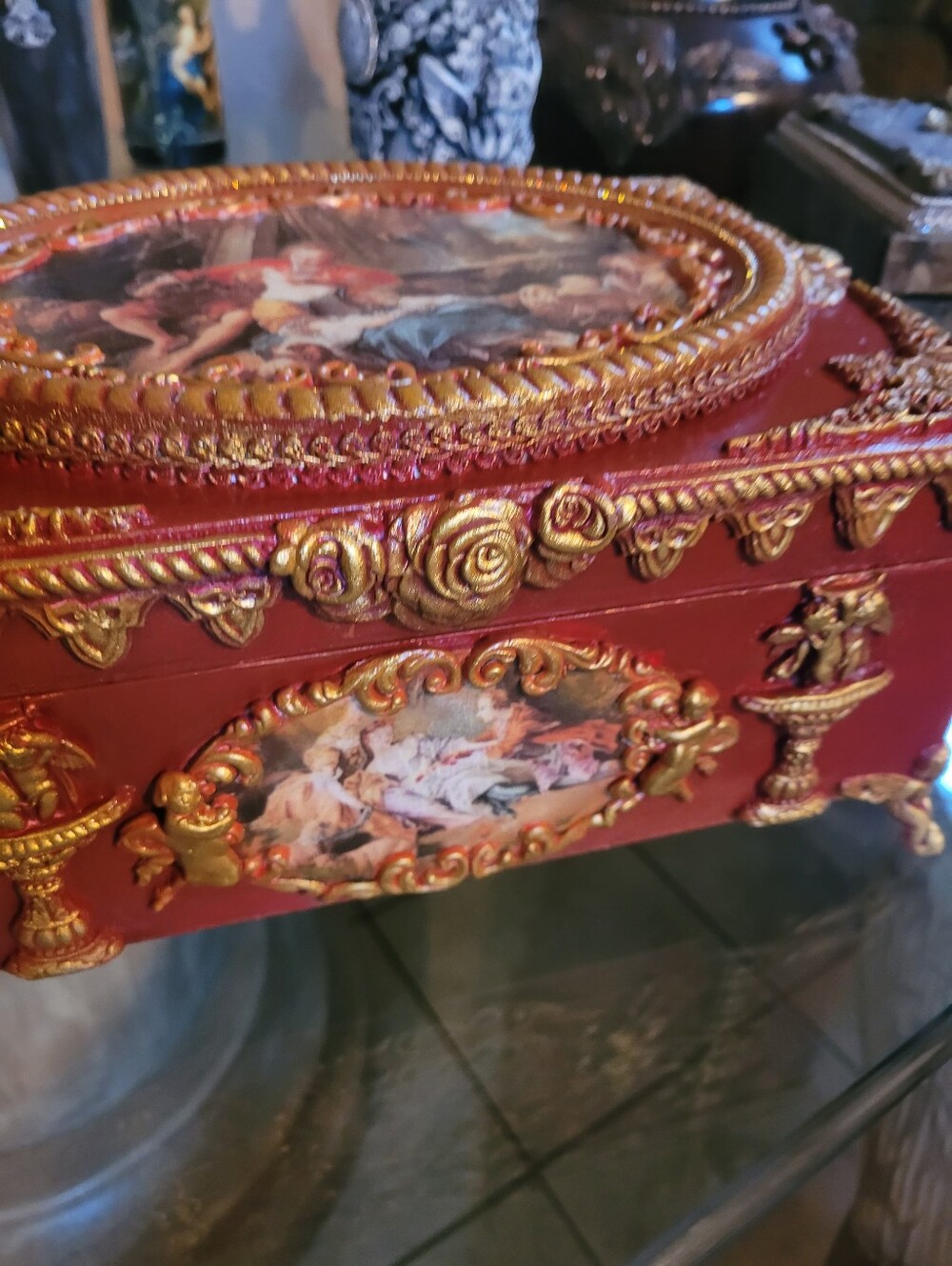 Ornate Red and Gold Decorative Jewelry Box